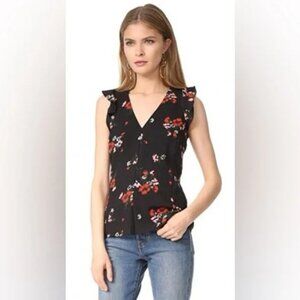 Rebecca Taylor Marguerite Floral V Neck Silk Black Flutter Sleeve Blouse Size 2